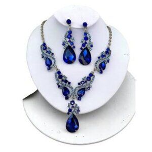 Blue Rhinestone Necklace Earrings Set Statement Wedding Bridal Prom Jewelry Sets